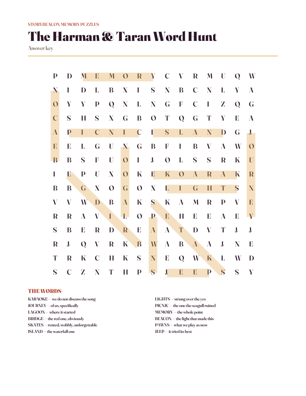 Word hunt answer key with highlighted words