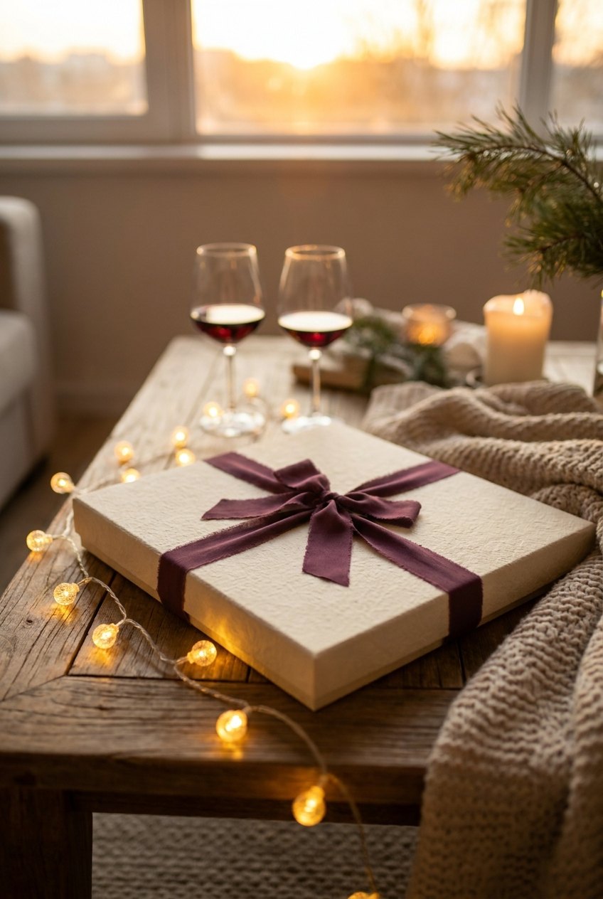 A gift-wrapped present in cream paper and plum ribbon beside wine and string lights