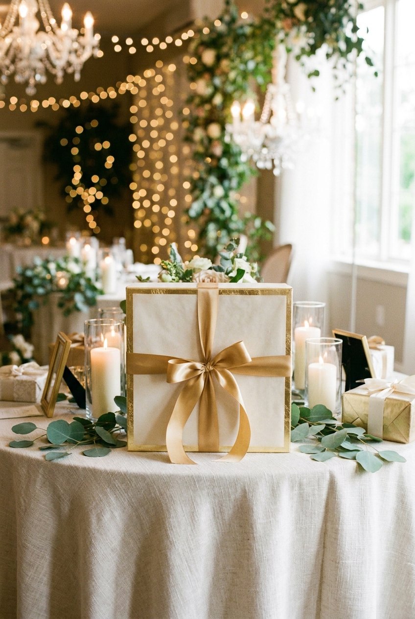 A wedding gift table in cream and gold with eucalyptus and candles