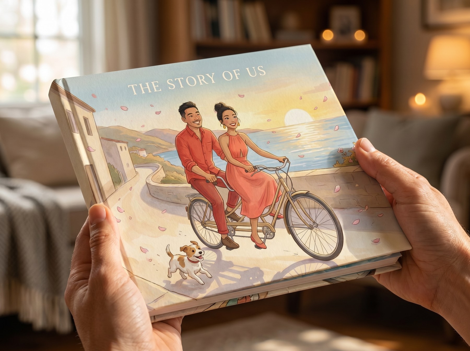 Hands holding the hardcover storybook with its illustrated cover titled The Story of Us