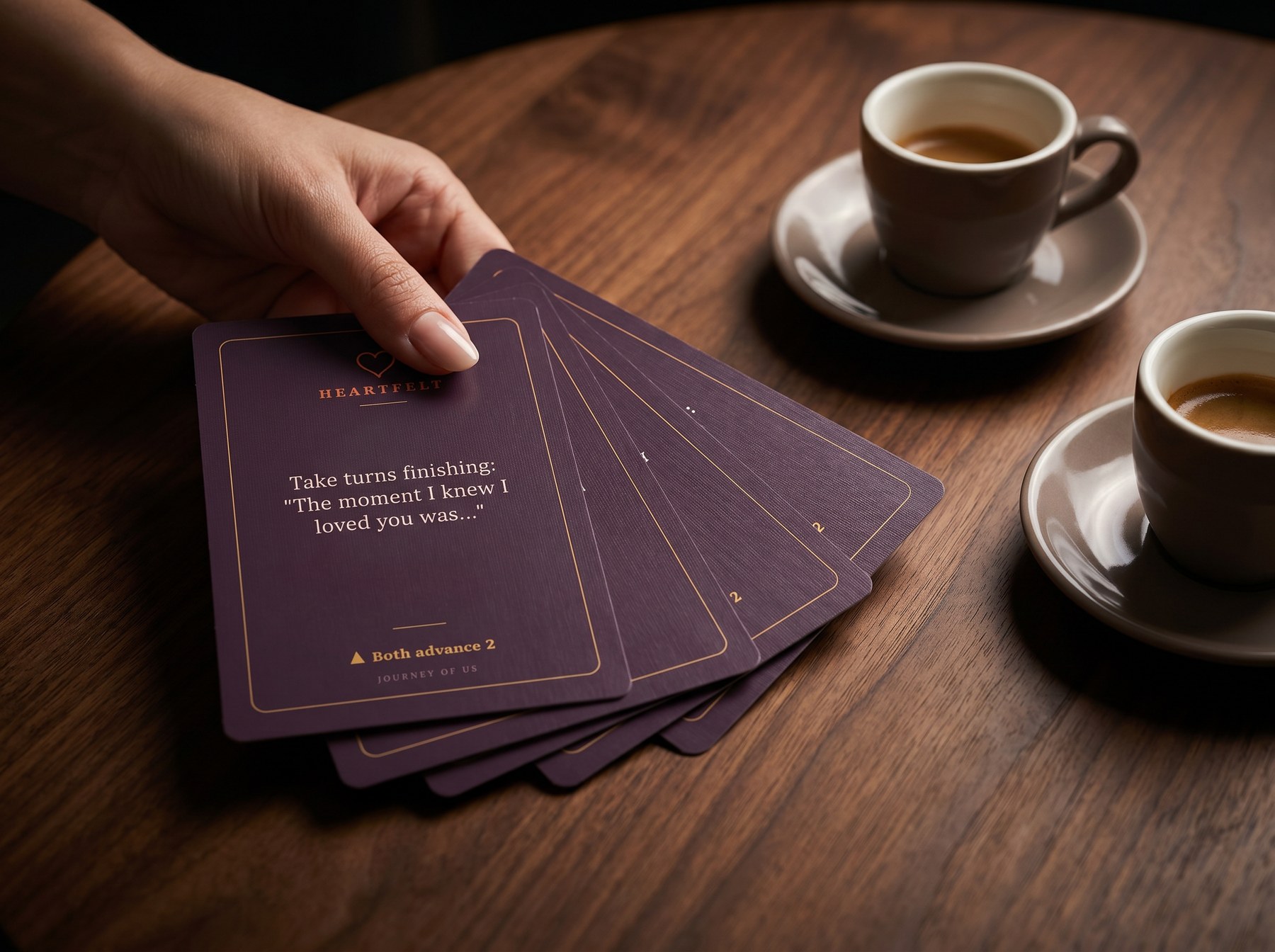A hand fanning the plum and gold StoryBeacon challenge cards