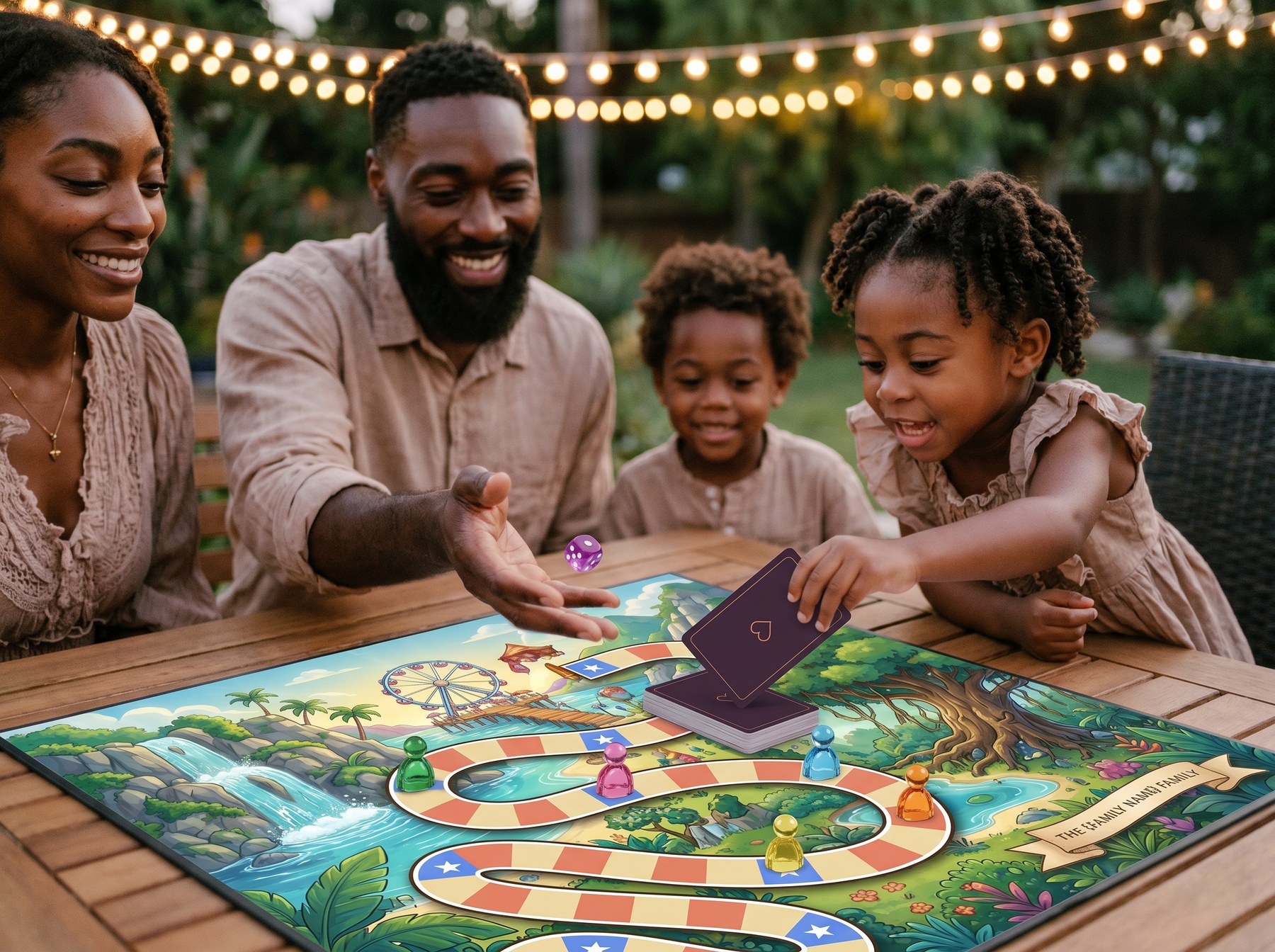 A family playing their personalized board game under string lights