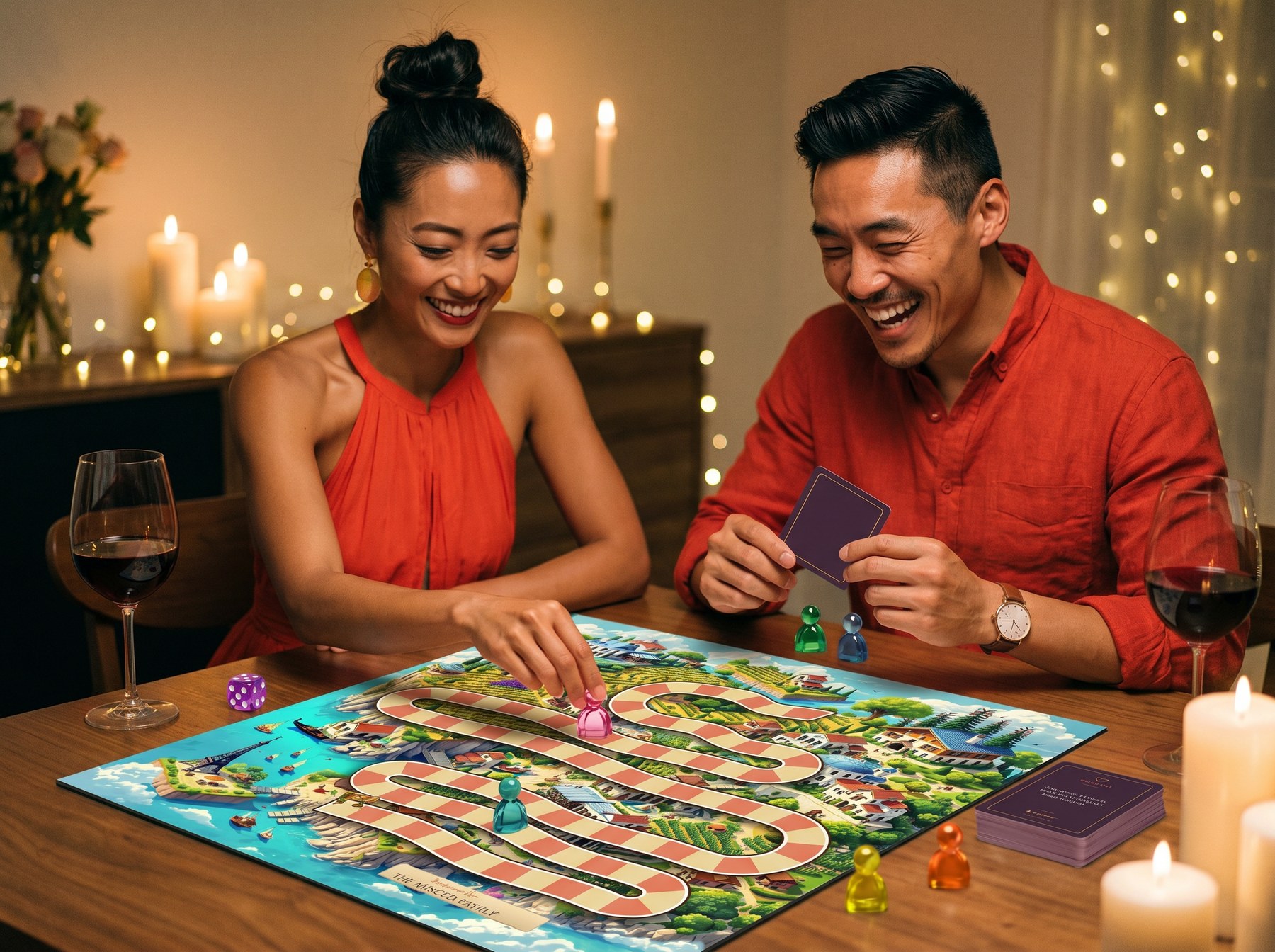 A couple playing their own personalized board on date night