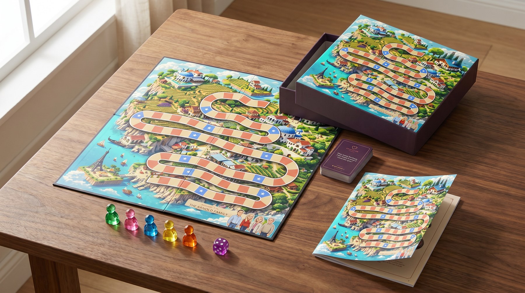 Everything in the box: six-fold board, printed box, plum challenge cards, translucent pawns, purple die, keepsake booklet