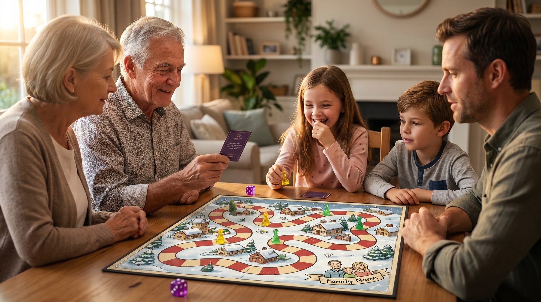 Three generations playing their family's personalized board game