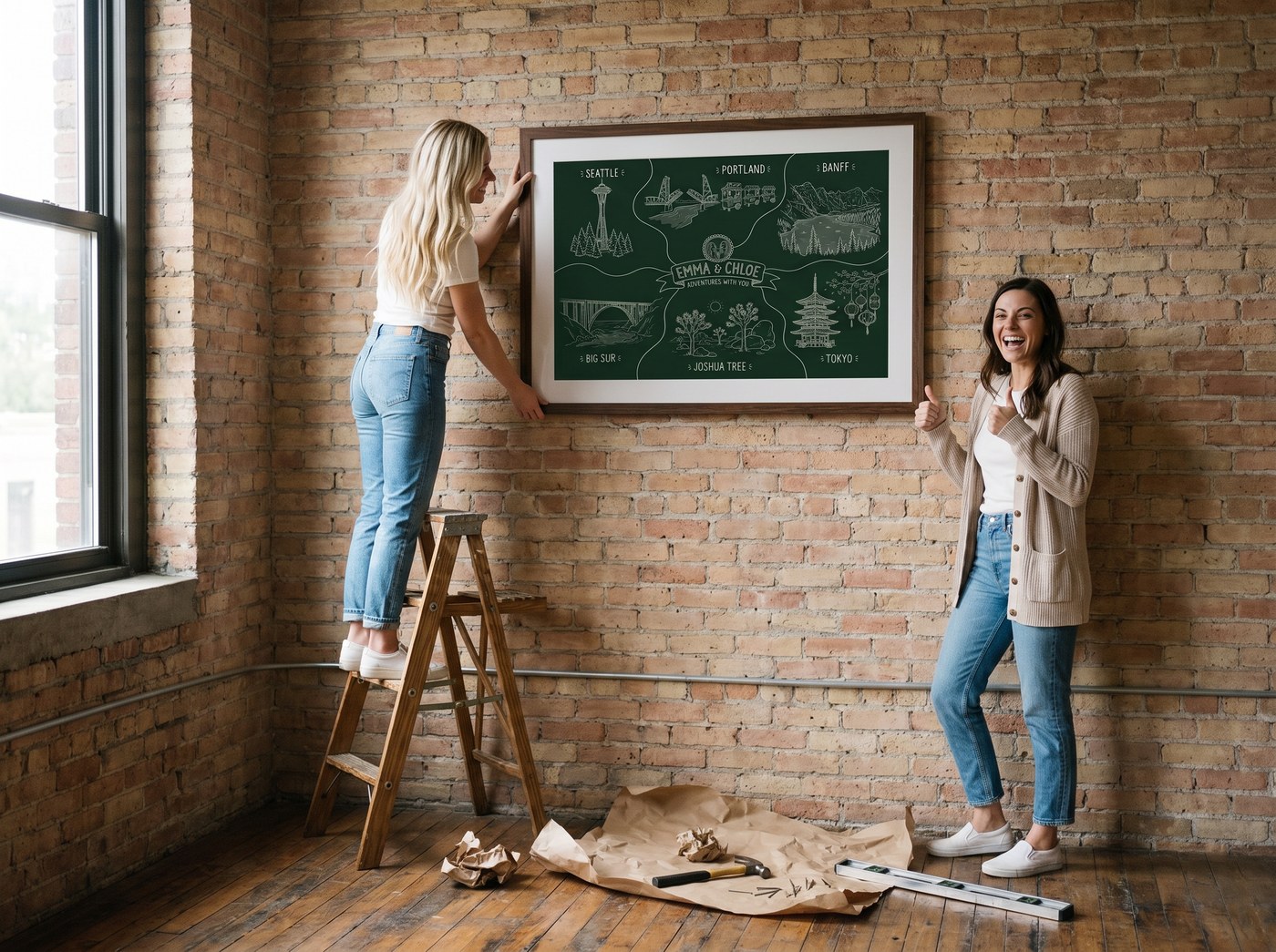 Styled studio sample — a framed Story Map being unwrapped (Sample — Cream ink · Forest)
