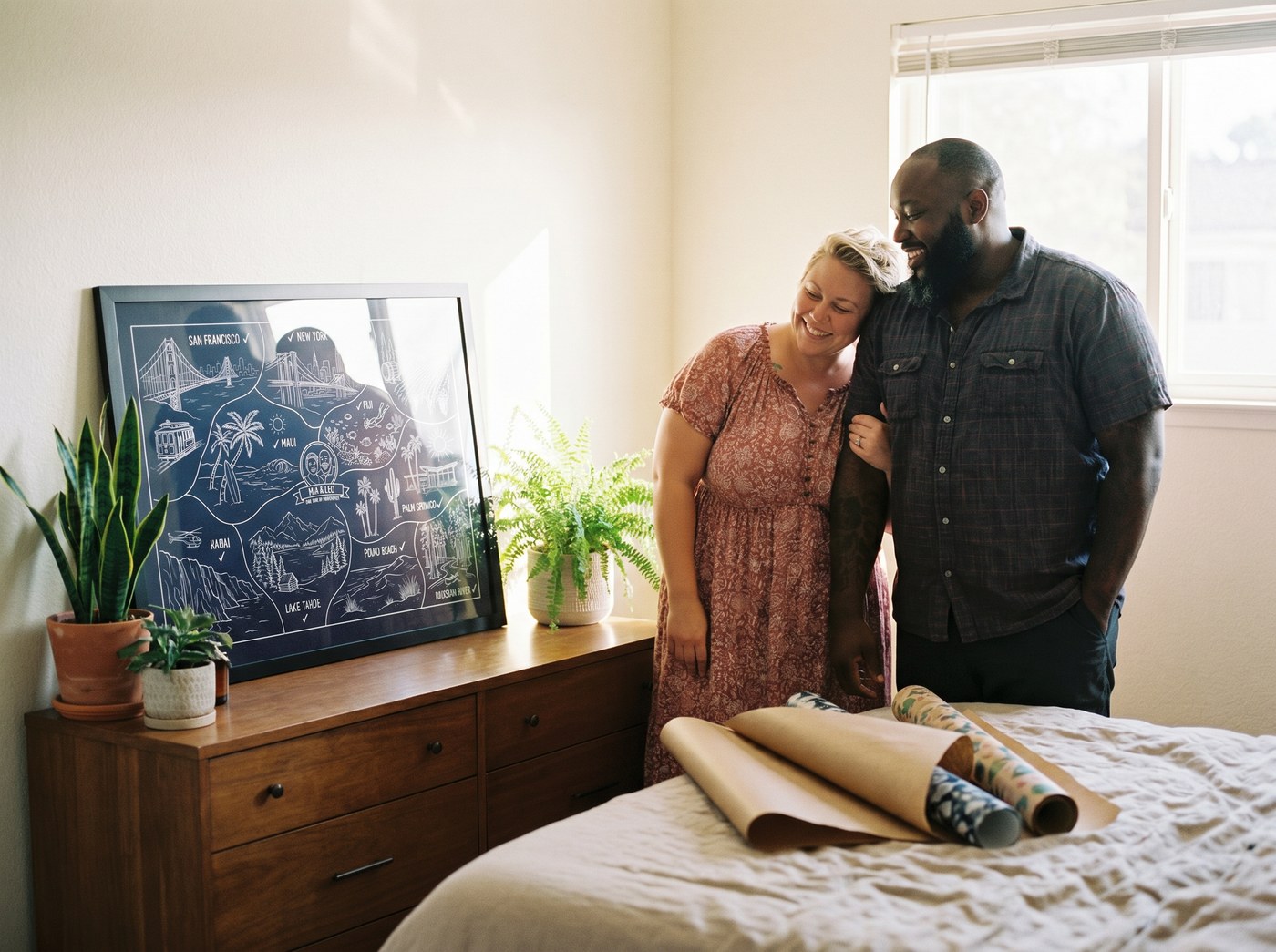 Styled studio sample — a framed Story Map being unwrapped (Sample — White ink · Navy)