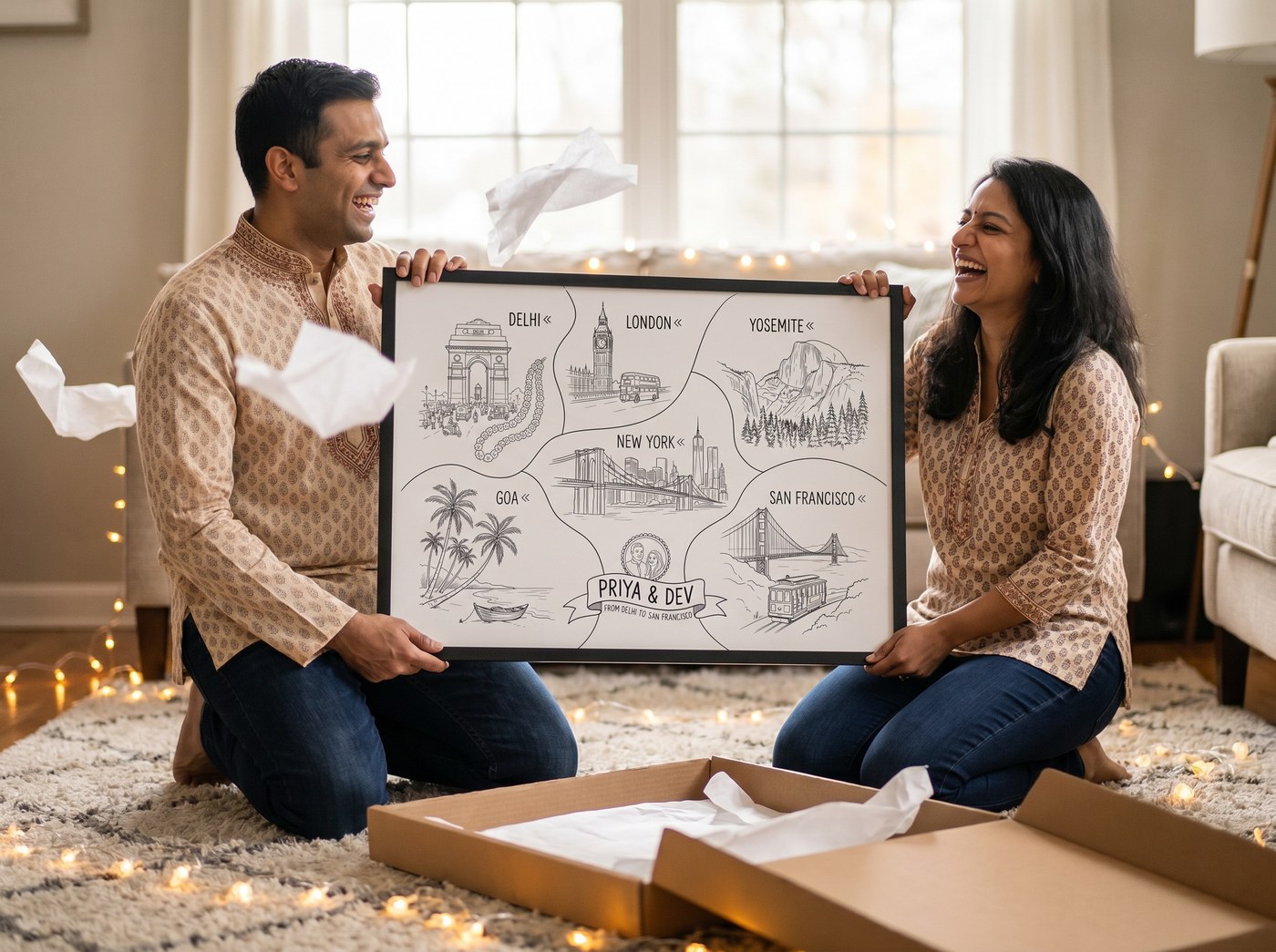 Styled studio sample — a framed Story Map being unwrapped (Sample — Black ink · White)