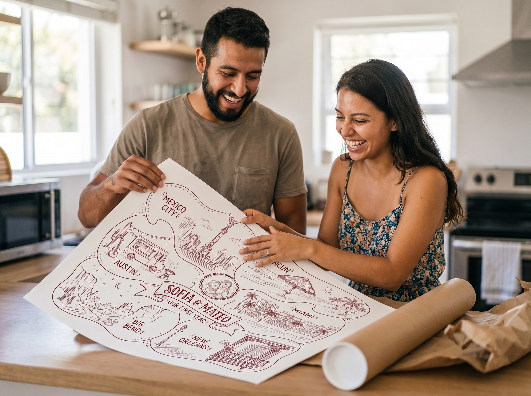 Styled studio sample — a framed Story Map being unwrapped (Sample — Oxblood · White)