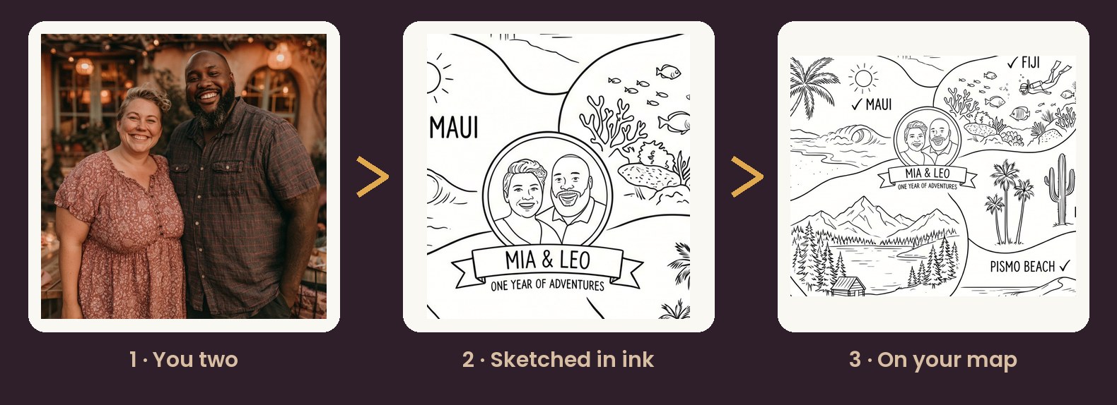 Photo to ink sketch to map medallion — the three steps
